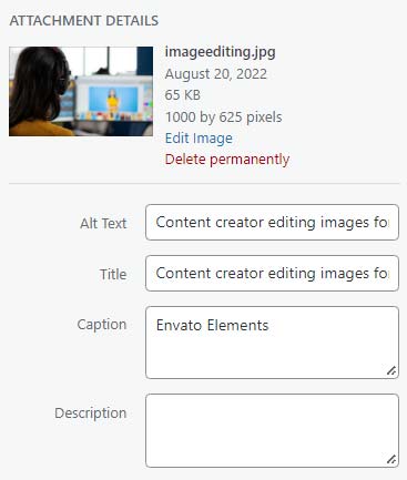 Display of WordPress tags options, including alt tag, after uploading an image.